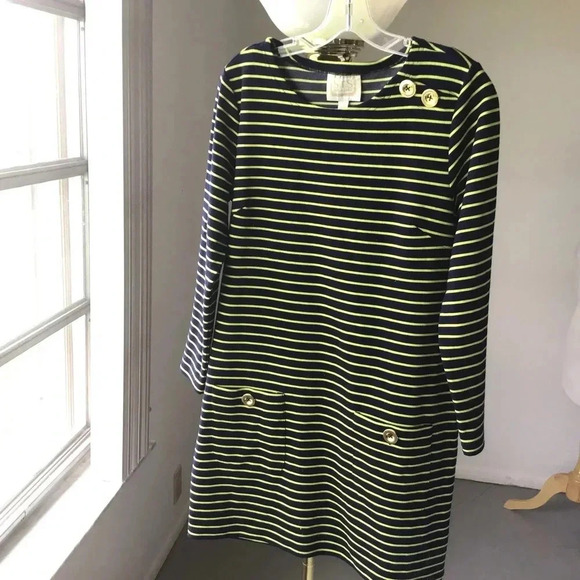 Sail To Sable Navy Yellow Stripe shift dress pockets 3/4 sleeves Size M - Picture 2 of 8